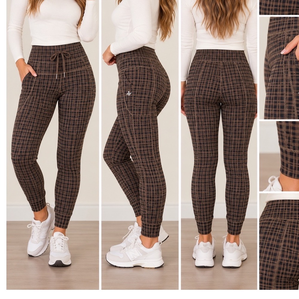HALARA Plaid High Rise Leggings Pants XS Brown Black Tartan Drawstring Ankle